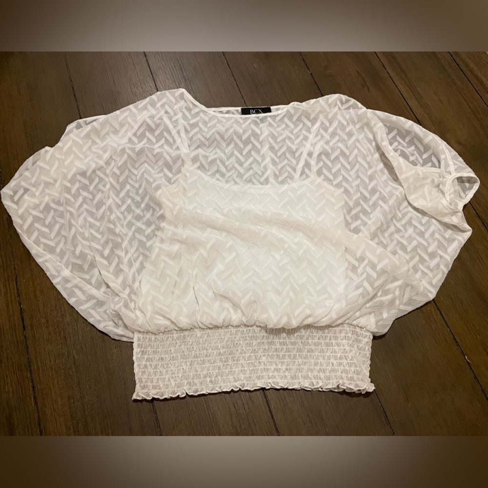 BCX blouse white sheer tank top fitted cold shoulder geometric cutout layer XS